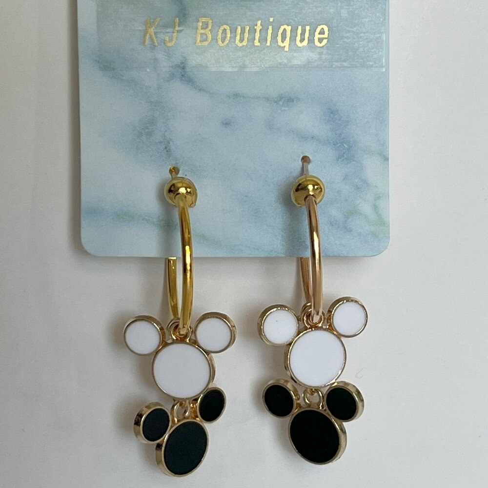 Gold Hoop Earrings with Black & White Dangle Mickey's